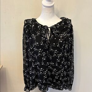 Loft black white long sleeve ruffle blouse Size L New